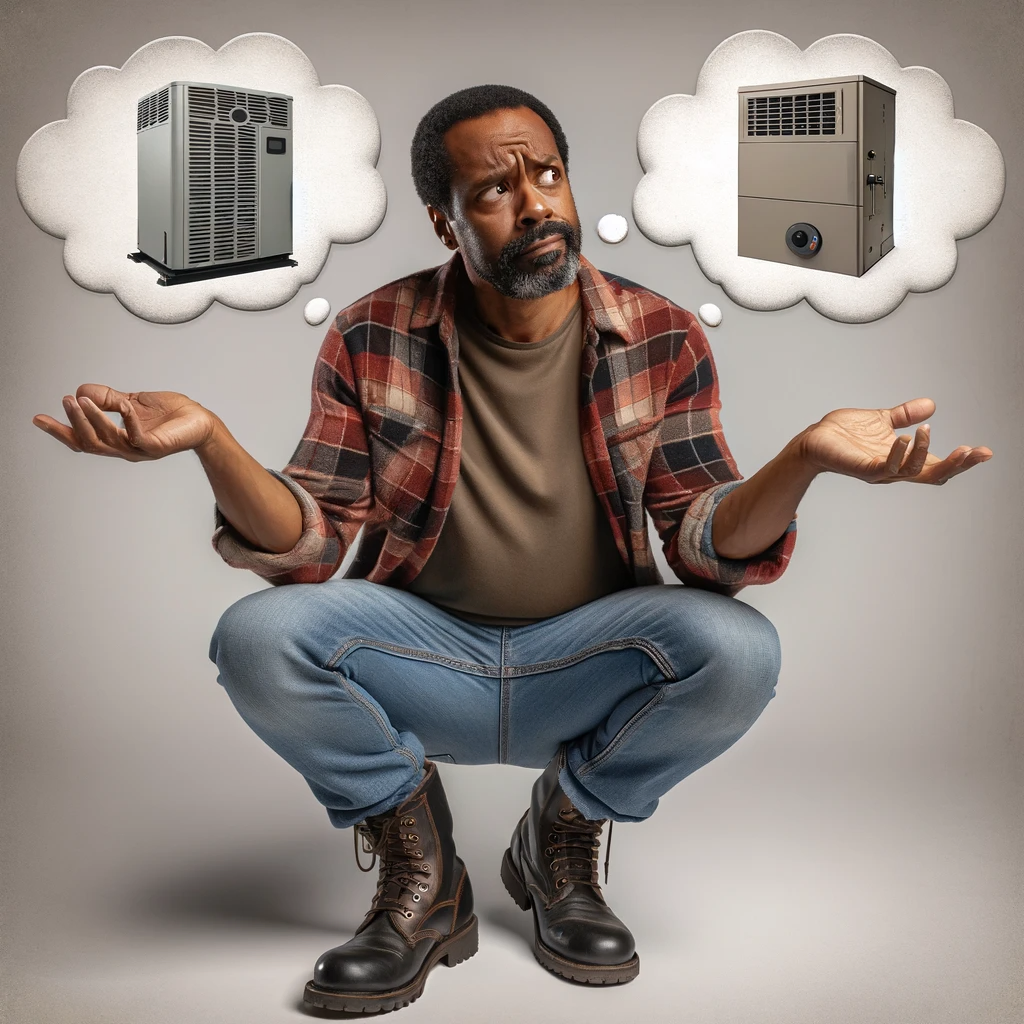 an AI image of a black man in his 40s crouched down and looking up at a furnace or a heat pump trying to decide which one to buy